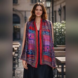 Laurel Burch Celebrations Cats 100% Silk Scarf. Purple/Red